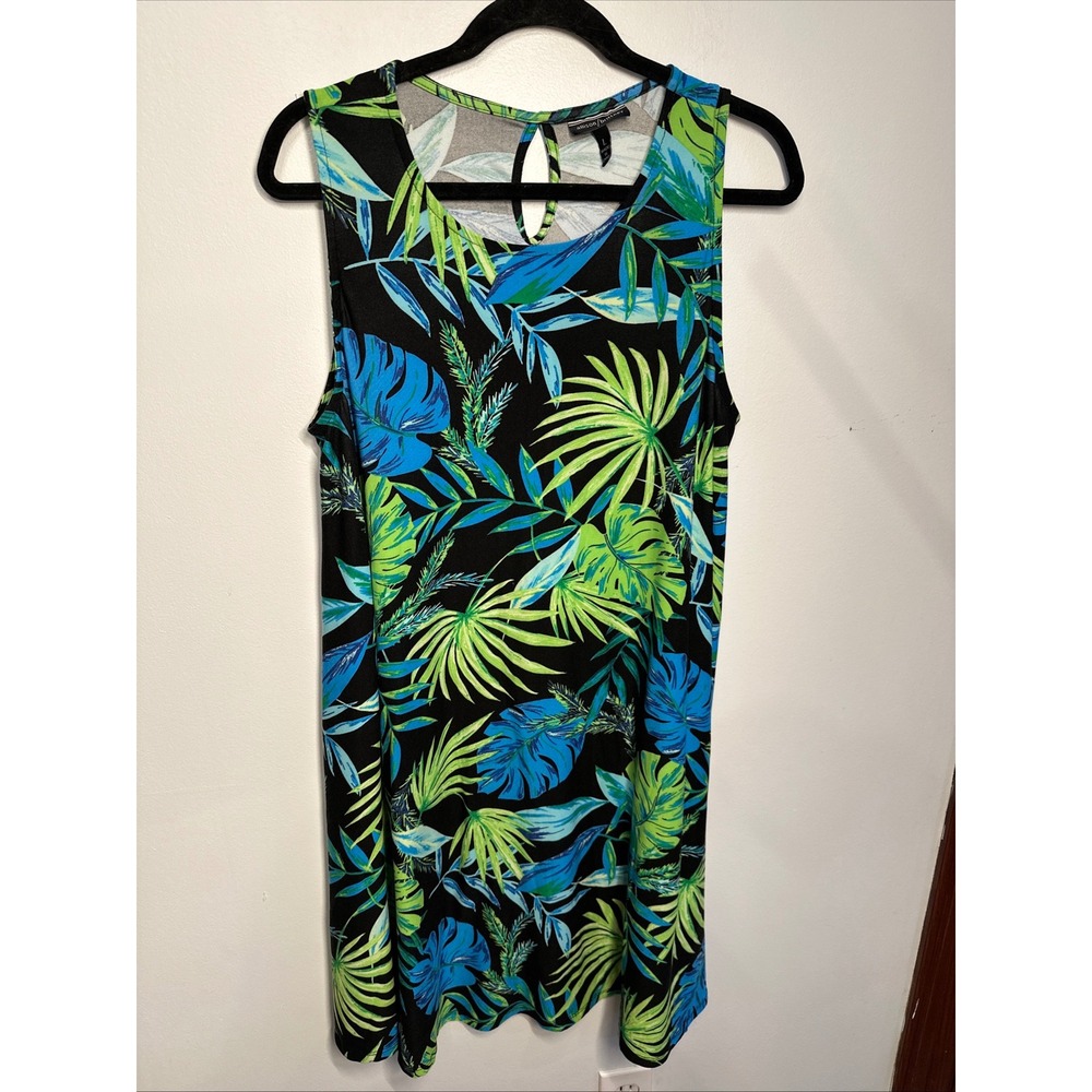 Allison Brittney Womens Tropical Palm Leaf Print Sleeveless Shift Dress Black L